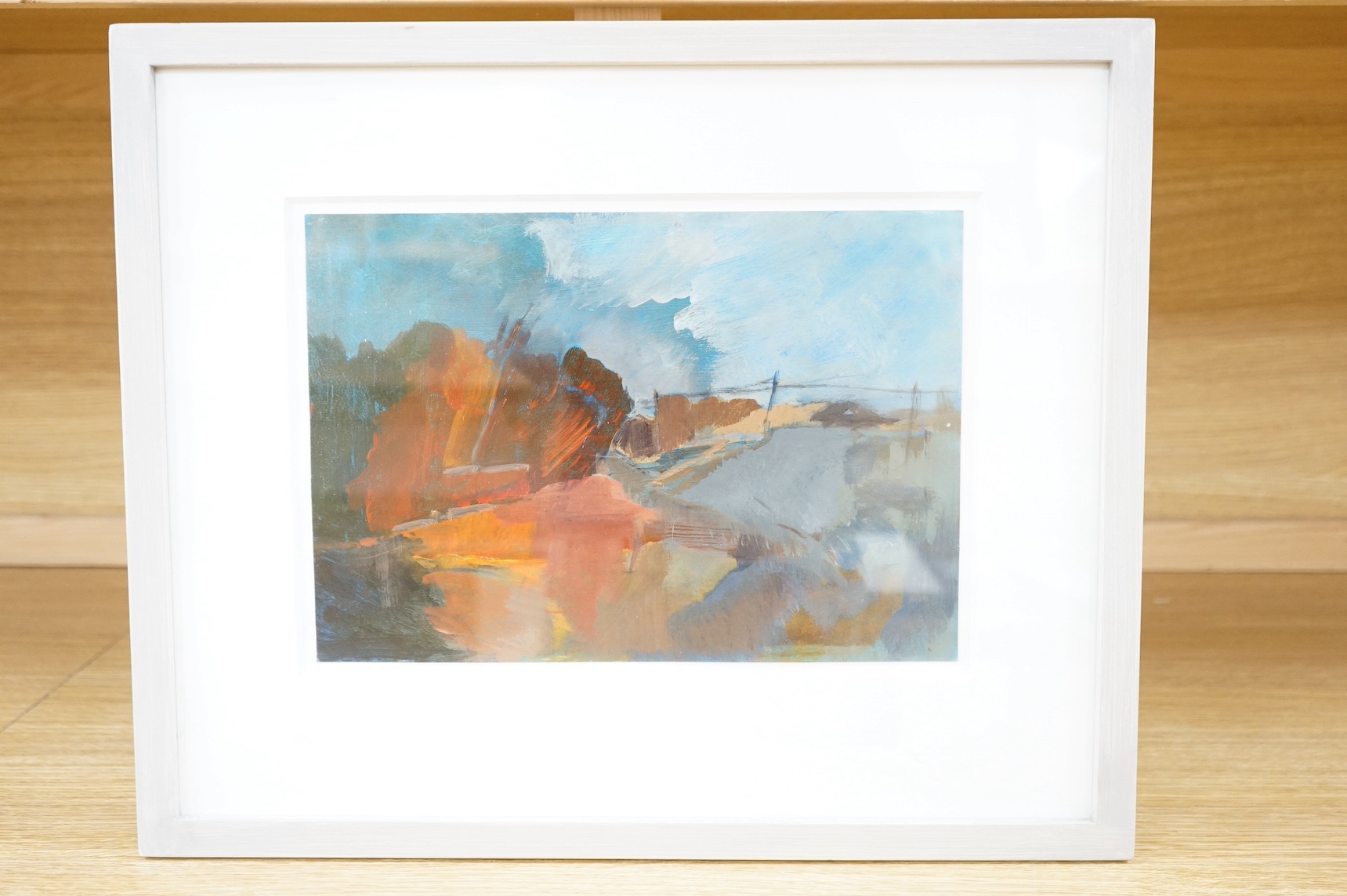Tuema Pattie (Irish, b.1938), abstract oil on board, 'From Petworth Fields', inscribed verso, 23 x 32cm. Condition - good